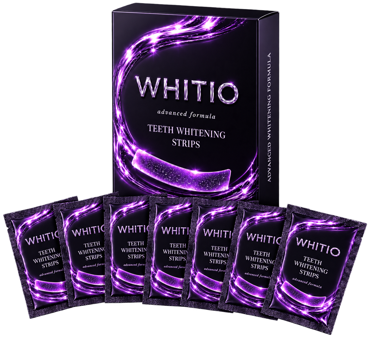 Fioletowe paski wybielające do zębów WHITIO z PAP 7,785% i fioletowym barwnikiem neutralizującym żółty odcień, bez nadtlenku wodoru